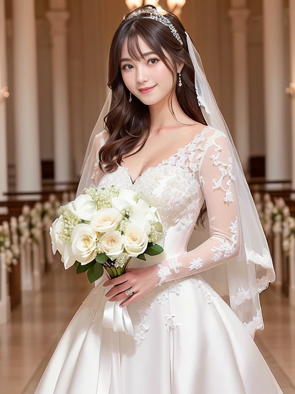 Photo-realistic quality、a woman in a wedding dress holding a bouquet of flowers、White Wedding Dress,Hanae Mori style wedding dress、lace prom dresses、looking at the camera、Detailed and beautiful eyes、Cute smile、Relaxed and gentle expression