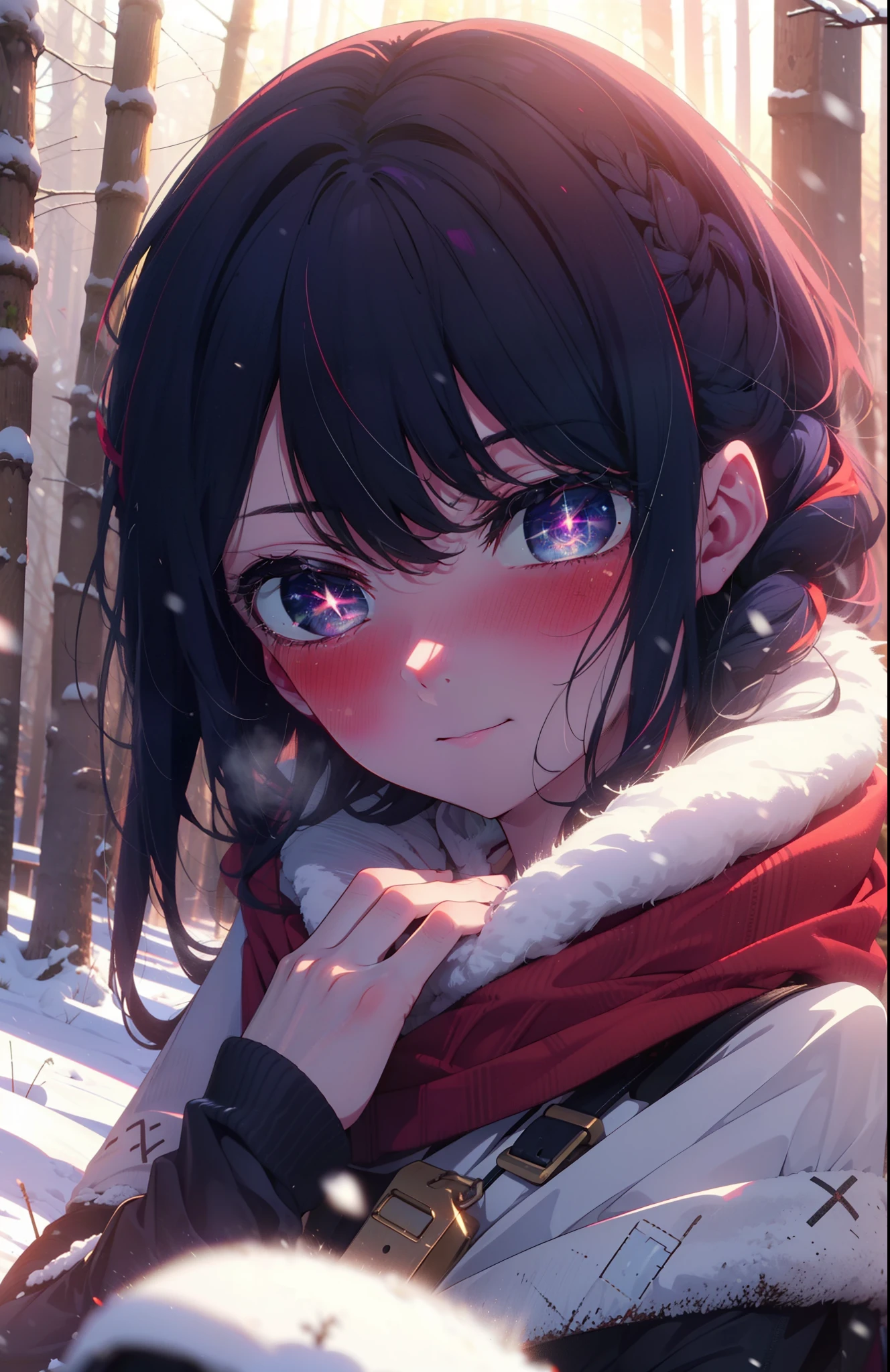 aihoshino, Ai Hoshino, Long Hair, bangs, (Purple eyes:1.1), Purple Hair, (Symbol-shaped pupil:1.5), smile,,smile,blush,white breath,
Open your mouth,snow,Ground bonfire, Outdoor, boots, snowing, From the side, wood, suitcase, Cape, Blurred, , forest, White handbag, nature,  Squat, Mouth closed, Cape, winter, Written boundary depth, Black shoes, red Cape break looking at viewer, Upper Body, whole body, break Outdoor, forest, nature, break (masterpiece:1.2), Highest quality, High resolution, unity 8k wallpaper, (shape:0.8), (Beautiful and beautiful eyes:1.6), Highly detailed face, Perfect lighting, Highly detailed CG, (Perfect hands, Perfect Anatomy),