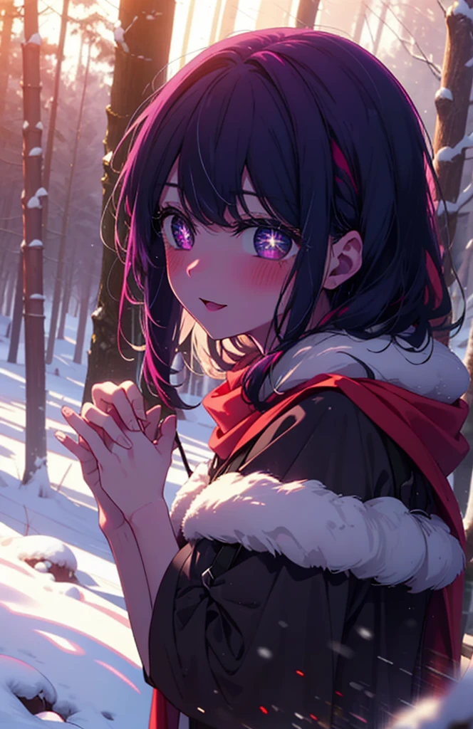 aihoshino, Ai Hoshino, Long Hair, bangs, (Purple eyes:1.1), Purple Hair, (Symbol-shaped pupil:1.5), smile,,smile,blush,white breath,
Open your mouth,snow,Ground bonfire, Outdoor, boots, snowing, From the side, wood, suitcase, Cape, Blurred, , forest, White handbag, nature, Squat, Mouth closed, Cape, winter, Written boundary depth, Black shoes, red Cape break looking at viewer, Upper Body, whole body, break Outdoor, forest, nature, break (masterpiece:1.2), Highest quality, High resolution, unity 8k wallpaper, (shape:0.8), (Beautiful and beautiful eyes:1.6), Highly detailed face, Perfect lighting, Highly detailed CG, (Perfect hands, Perfect ???????),