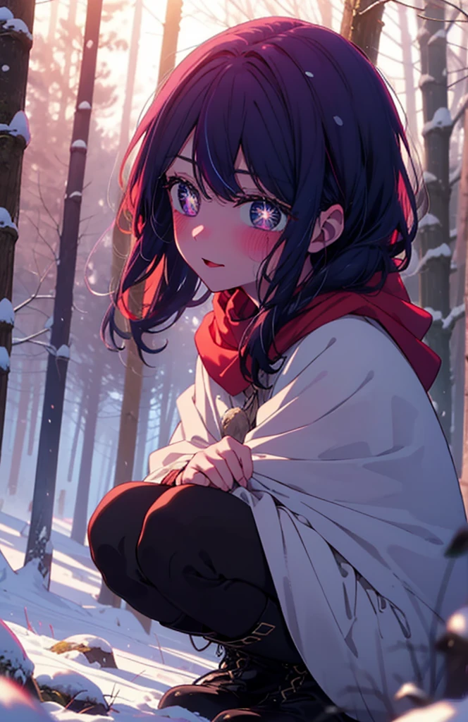 aihoshino, Ai Hoshino, Long Hair, bangs, (Purple eyes:1.1), Purple Hair, (Symbol-shaped pupil:1.5), smile,,smile,blush,white breath,
Open your mouth,snow,Ground bonfire, Outdoor, boots, snowing, From the side, wood, suitcase, Cape, Blurred, , forest, White handbag, nature, Squat, Mouth closed, Cape, winter, Written boundary depth, Black shoes, red Cape break looking at viewer, Upper Body, whole body, break Outdoor, forest, nature, break (masterpiece:1.2), Highest quality, High resolution, unity 8k wallpaper, (shape:0.8), (Beautiful and beautiful eyes:1.6), Highly detailed face, Perfect lighting, Highly detailed CG, (Perfect hands, Perfect Anatomy),