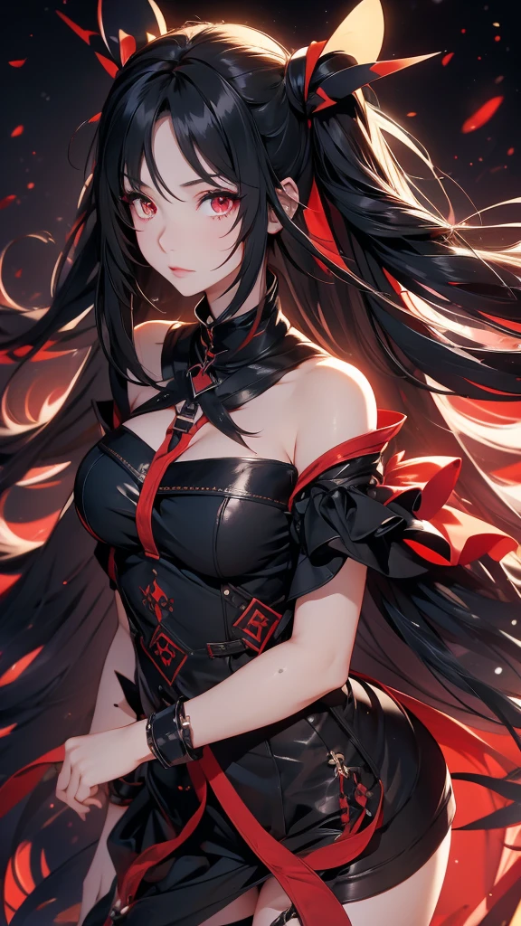 Long black hair, red eyes, twin tails, fallen angle, adult, large breasts