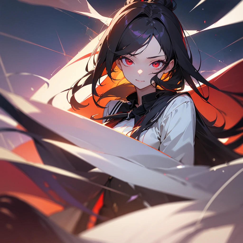 (( Best quality )),(( ultra detailed )),(( masterpiece )), intracate details, very beautiful girl, , very long ponytail black hair, high school uniform, red eyes, sharp eye, full head visible, (( white backround 2.0 )), messy hair, looking at viewer, photographed from the front, blusing, perfect smile, perfect face, perfect eye, perfect image, detailed face and eye,(( Blur backround 1.4 )), dramatic situation, perfect lightning, perfect hair, best face, best eye, small breasts