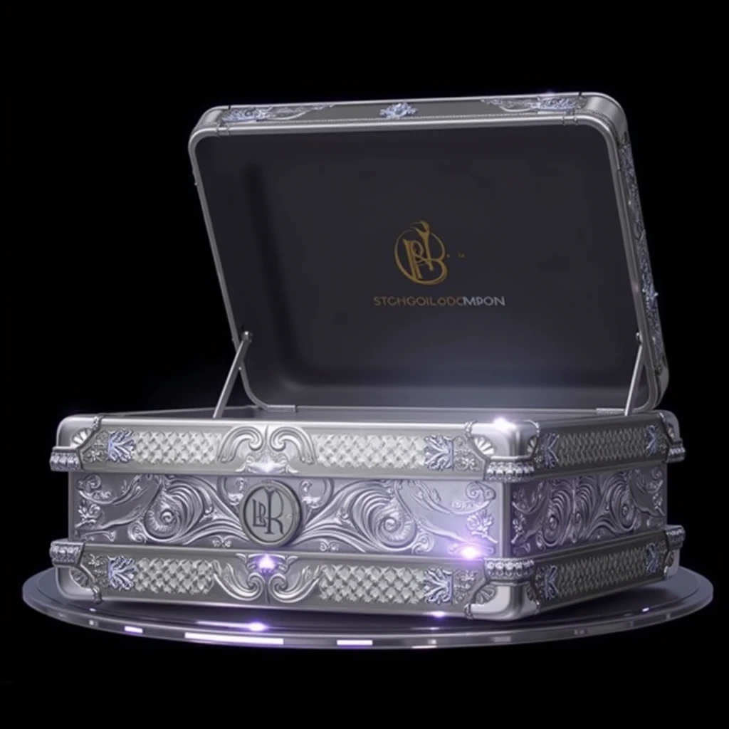 Luxury details，Silver box half open，Metal brushed texture is faintly visible，Graffiti art embellishes the space，The central golden logo shines，Edge inlaid with exquisite metal，Showing nobility in a low-key manner。Slightly lavender reflective。