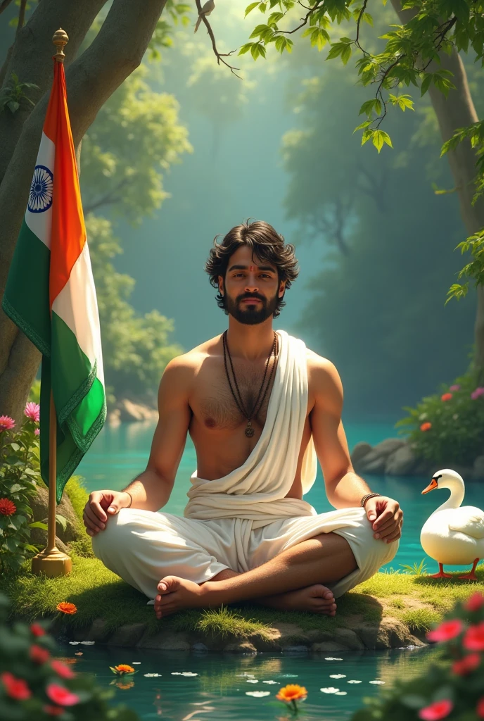 A 22-year-old handsome young man with an oval-shaped face and a well-groomed beard, sitting in the midst of a dense jungle. He is dressed in traditional white attire, wearing a dhoti and a white cloth as worn in earlier times. His face and appearance should reflect the youthful look of a 22-year-old, with eyes that show innocence and love, giving him a gentle and endearing expression. Surrounding him is a serene pond with ducks and swans swimming peacefully. A few colorful flowers are present, and birds are perched on the trees, adding to the serene atmosphere. An Indian flag is planted firmly in the ground close beside him, fully visible and waving in the breeze. The man should be fully visible, with the flag placed near him.