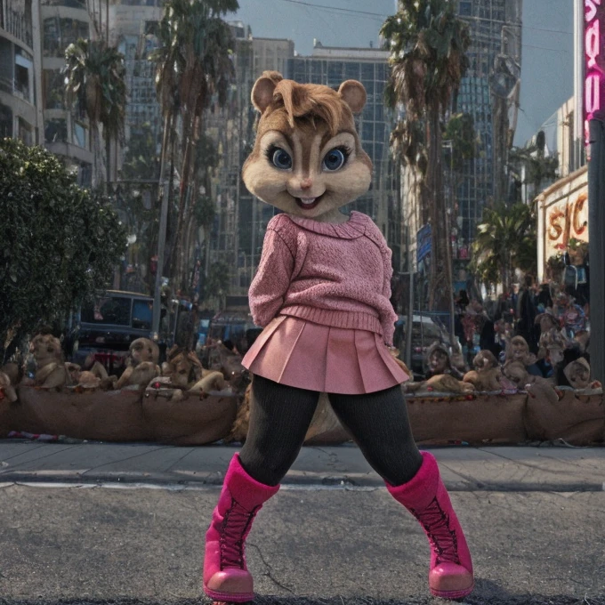 score_9, score_8_up, score_7, score_6, Hollywood Boulevard, brittany miller, chipmunk, furry, short ears, pink sweater, pink skirt, pink skirt, black leggings, pink boots, looking at viewer, 6 inches tall