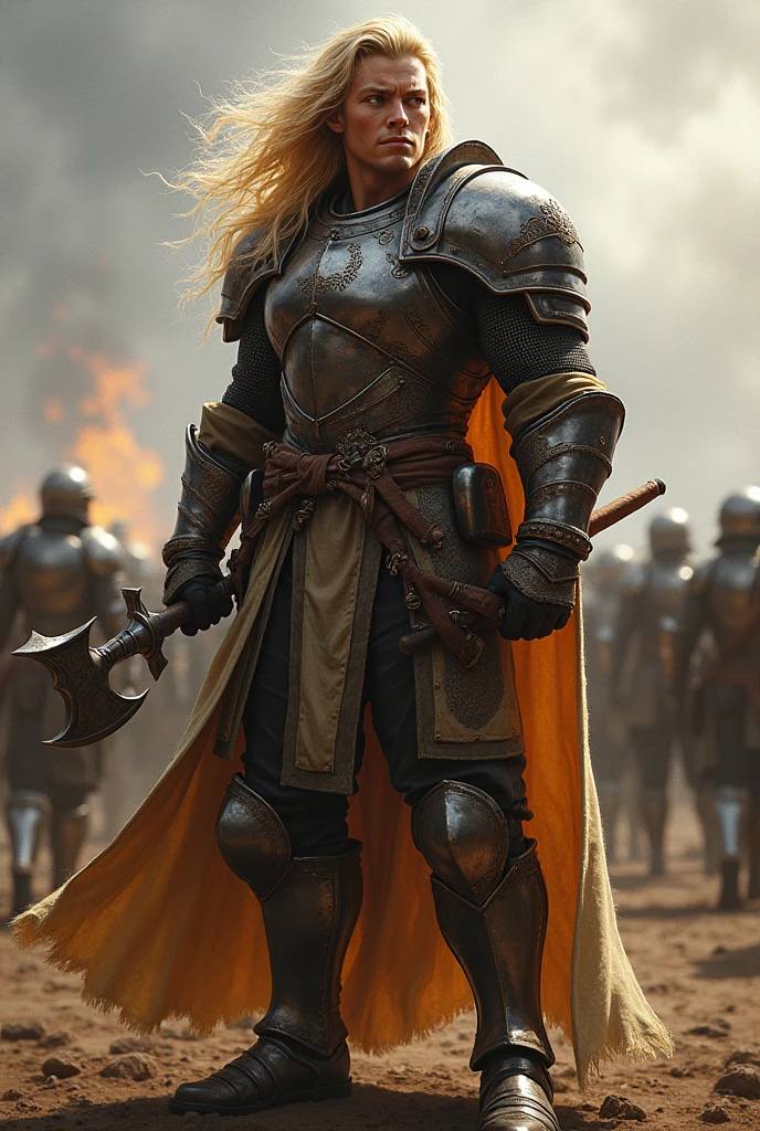 A blonde warrior with honey-colored eyes on the battlefield 