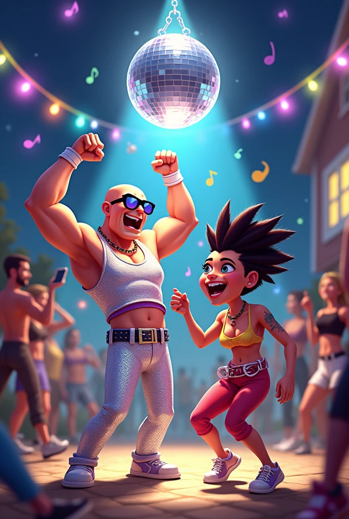 Create a 2D animated-style illustration of a lively outdoor disco party scene. The central characters are two energetic figures dancing under a large, shiny disco ball. One character has a muscular build with a bald head, wearing a sparkly silver disco outfit and sunglasses. The other character is shorter, with spiky hair, tattoos on their face, and a colorful, vibrant outfit. The background includes a house with a window, colorful lights, musical notes, and other partygoers in the distance, enjoying the music and atmosphere."