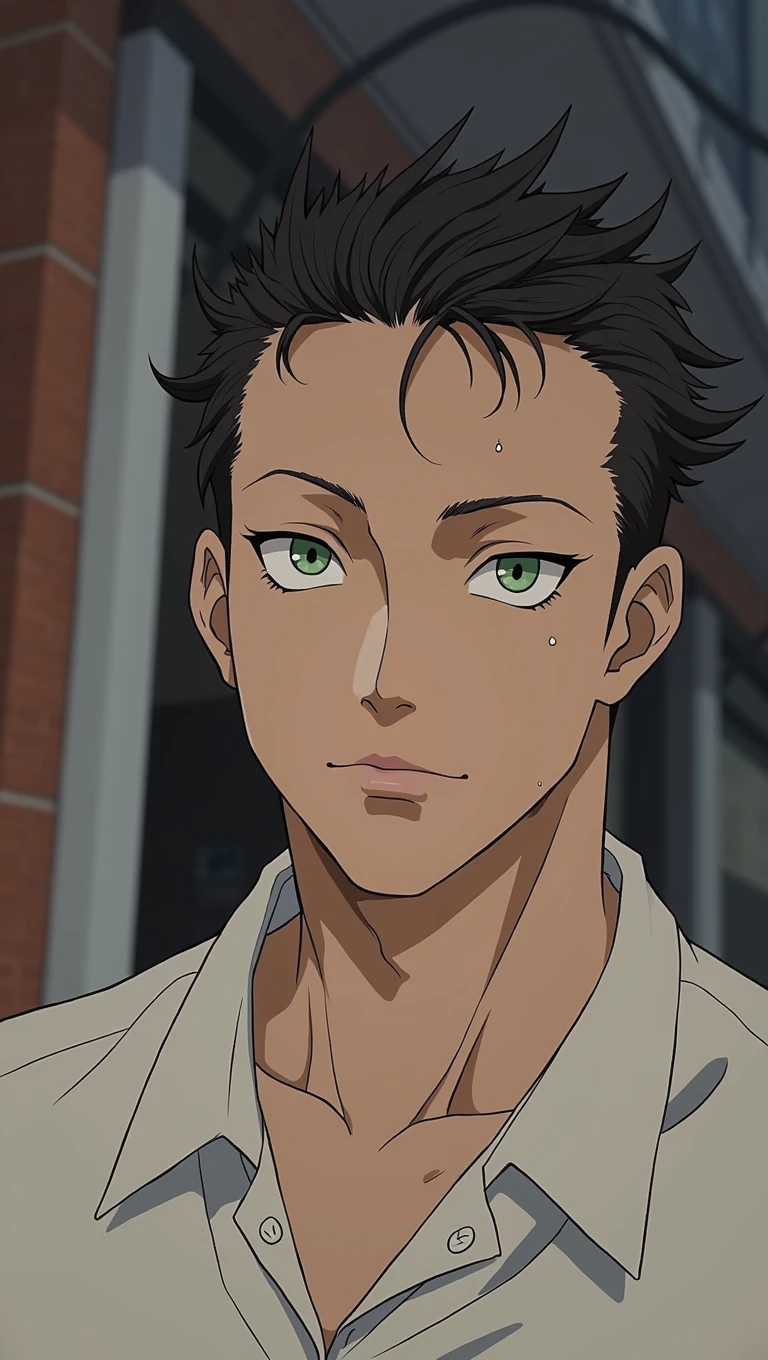 Evil rapper male anime character, young anime guy,  Green eyes faded haircut