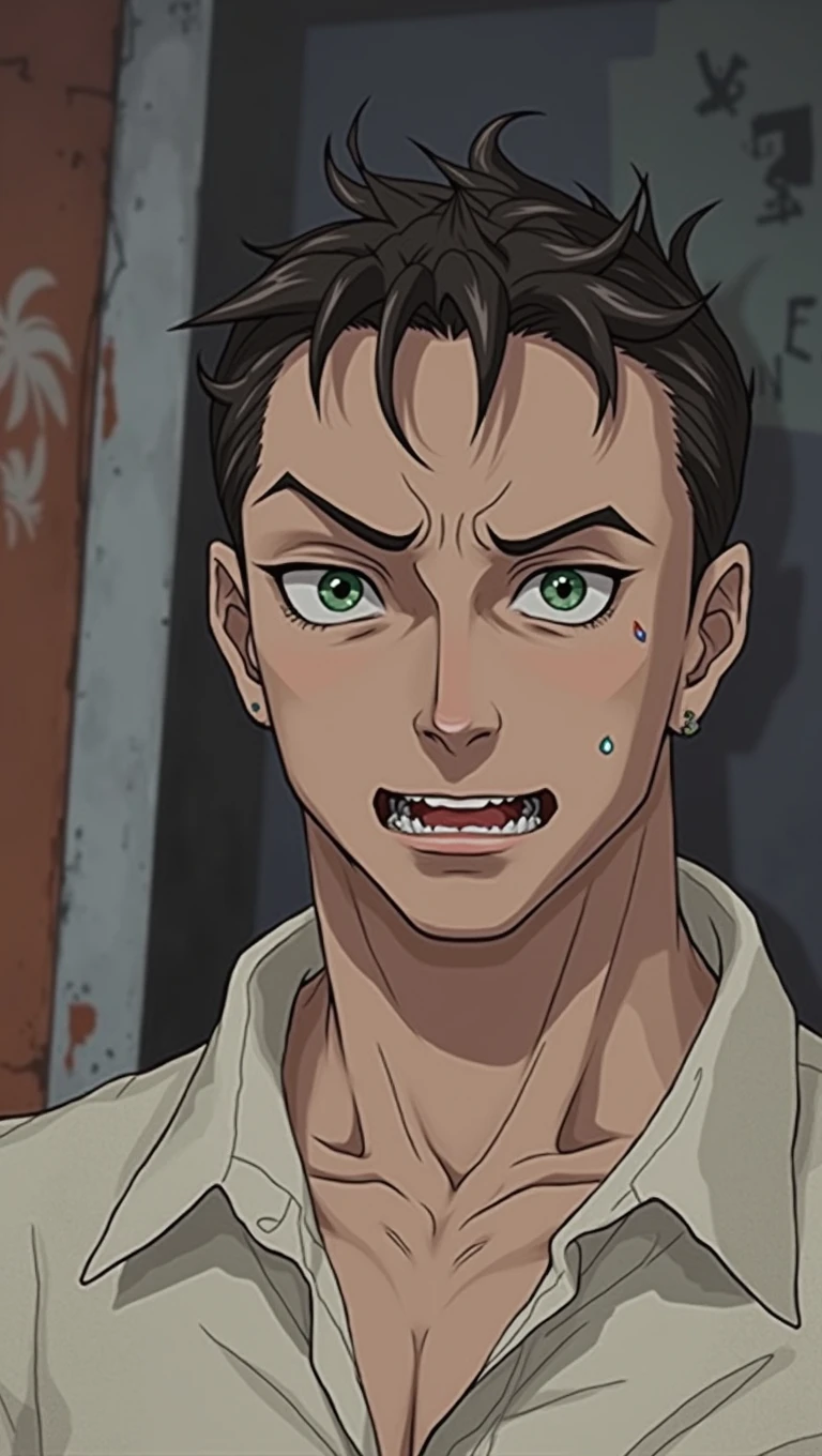Evil rapper male anime character, young anime guy, Green eyes faded haircut