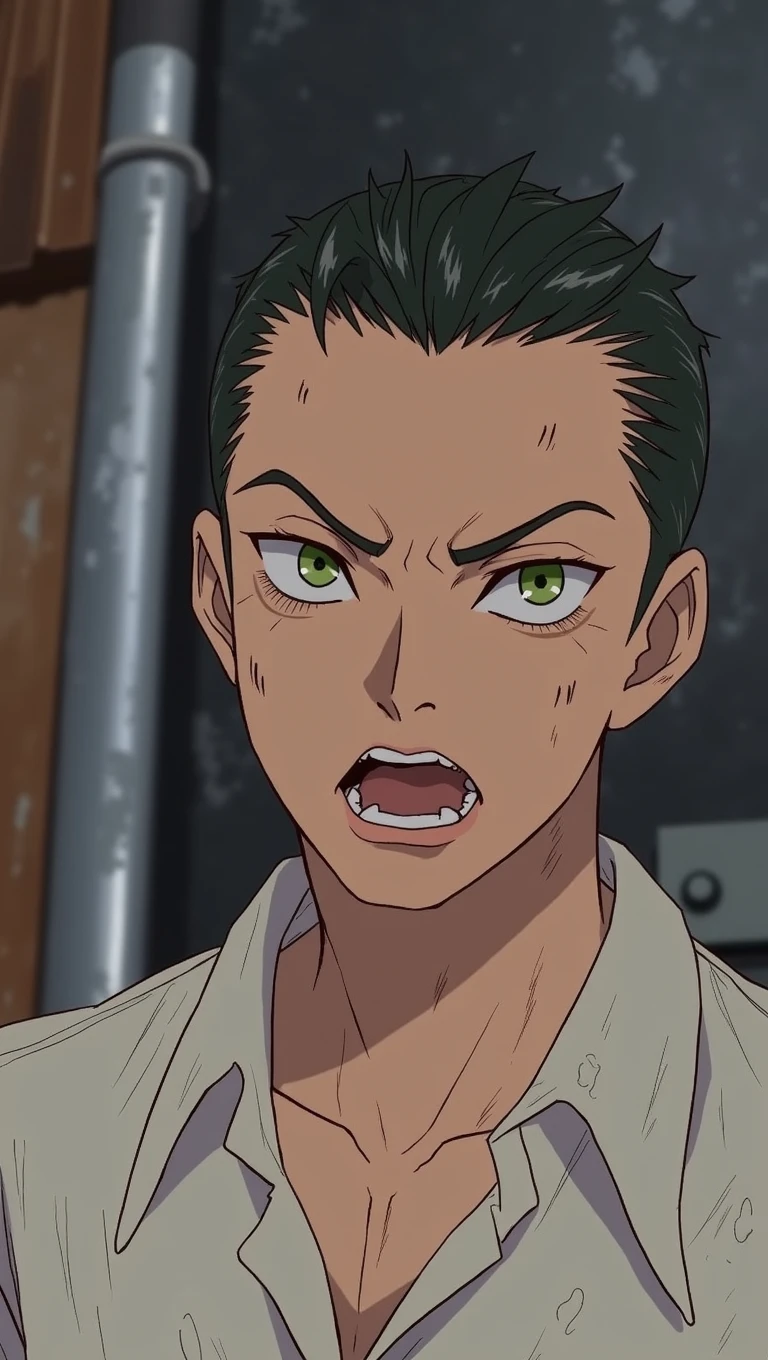 Evil rapper male anime character, young anime guy, Green eyes faded haircut