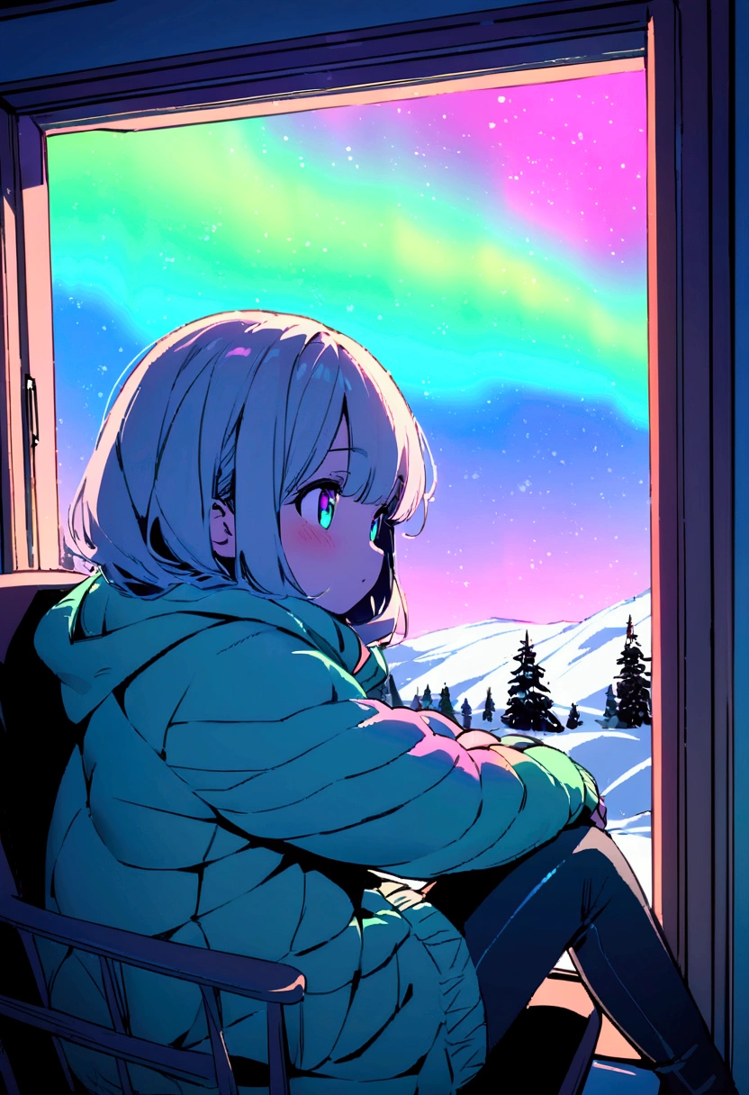 sitting looking at the aurora borealis from the window, snow, chill