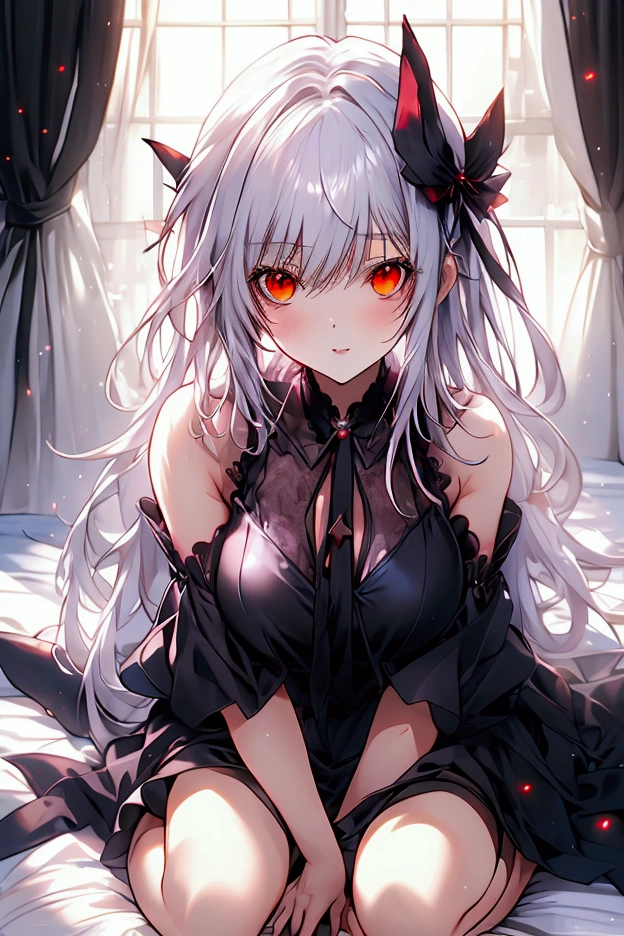 Seductive Anime Girl, High quality official artwork, Gorgeous Succubus, pixiv, Professional Anime Illustration, pubic tattoo, White hair, Red Eyes, red qipao,