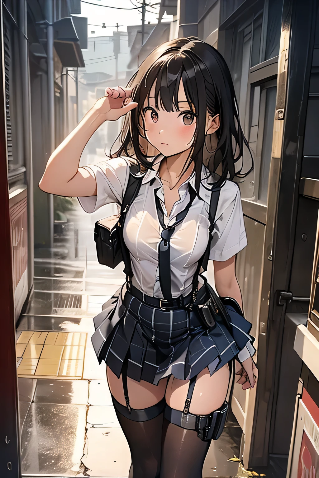 1 female, , high quality, masterpiece, Ultra-high resolution, Cinema Lighting, 1 female, , high quality, masterpiece, Ultra-high resolution, , Cinema Lighting, suspenders Moderate breasts Small face Looking up Sweat Thin belt buzzer 脇Sweat garter belt Belt on pants holster Hands behind your back Looking up Anxious face Knee-high Knee socks Knee-highソックス garter ふとももにgarter belt Checkered mini skirt Panty shot Skirt gap Armament holster holster Hands behind your back Anxious expression Anxious face, legs apart Armament Leg Holster holster See-through clothing heavy rain Rain-soaked dress shirt,Moderate breasts ガーターbelt suspenders Garter on the thigh Checkered mini skirt Looking up Pause belt Armpit sweat Hands behind back Raise your hands