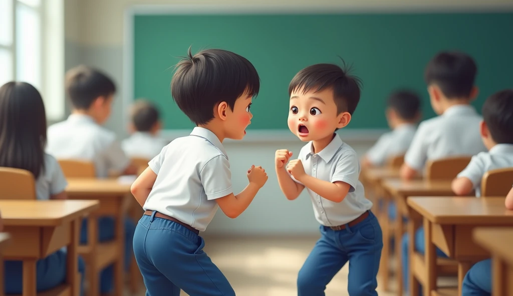 /image prompt: chinese student wear chinese school uniform( white shirt and blue pants,) kid boy clenching fist to other classmates(fight other classmate), always angry ,confrontation, every classmates scared of him when everytime saw him, in classroom, no one want to stay near him, Q-version character but draw by hands for teacher ppt emotional tension, empty space around, HD, 16k --ar 3:4 --v 6.0