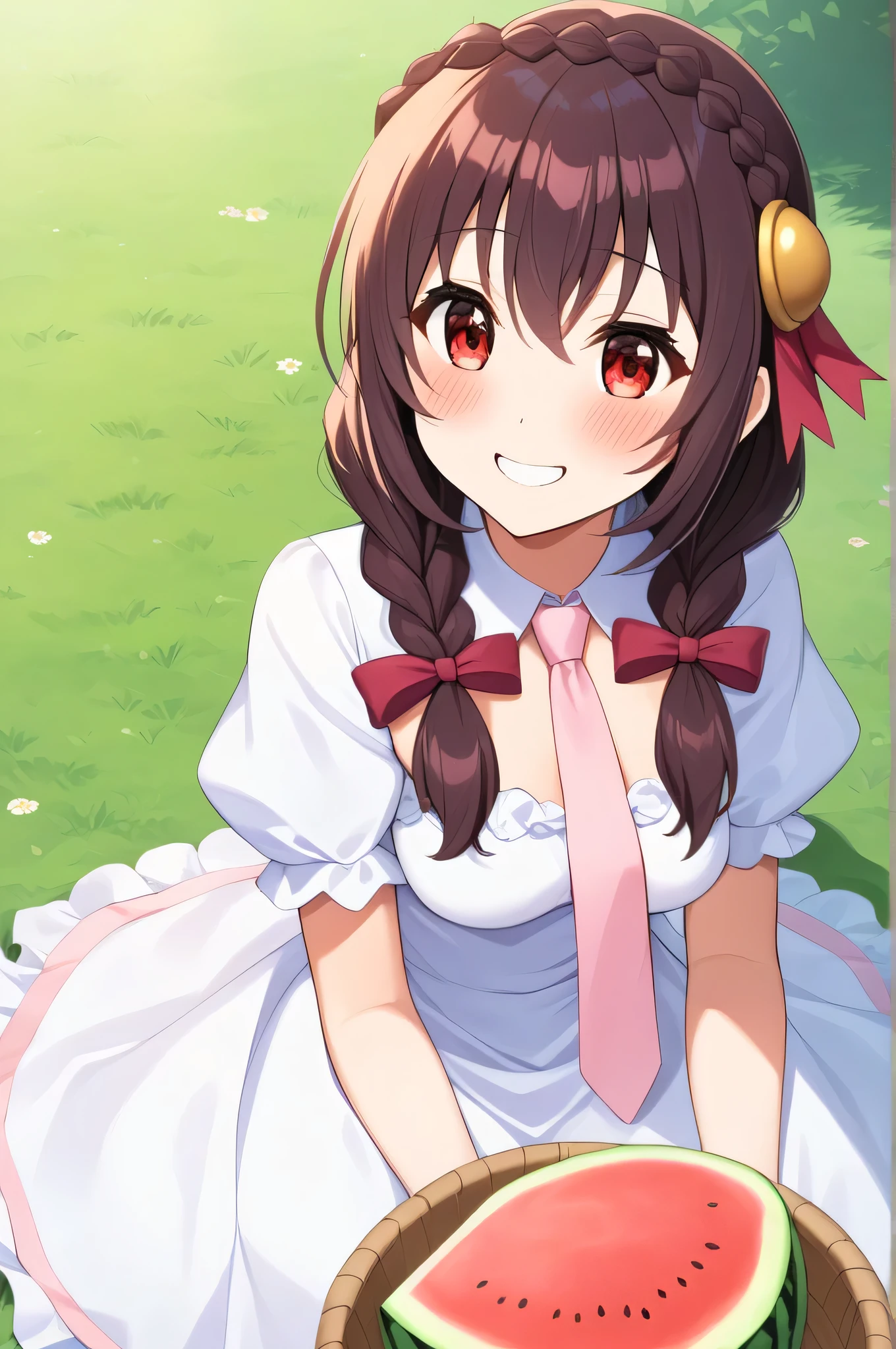 alone, One girl, Yunyun, (A delicious smile:1.5)、 (blush:1.5)、Crown braids of the same color as your hair, Red Eyes、hair ornaments, Hair Ribbon, Pink tie, White dress,  picnic、Eating watermelon with relish