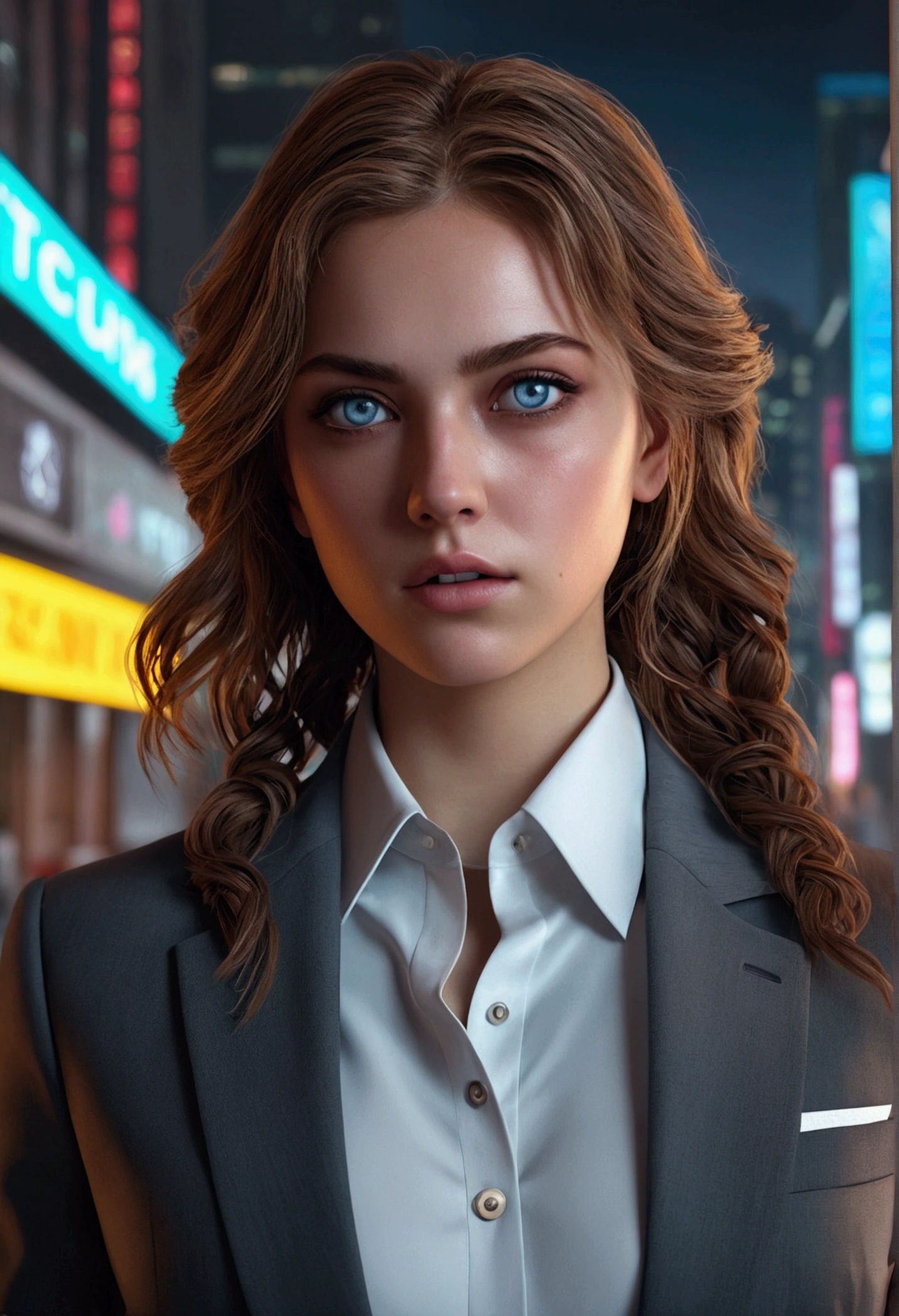 16k, HdR, rtx, ray tracing, natural lighting, absurdities, best quality masterpiece, perfect anatomy very detailed face, detailed eyes, 1 girl, Alone, Wearing a business suit, shirt, open top button, beautiful hair, extreme beautiful, keyed up, Cold, evil aura, Windy, bright Eyes, serious expressions, dystopian city, Futuristic, detailed background, awarded, Neon lights, trend at the art station