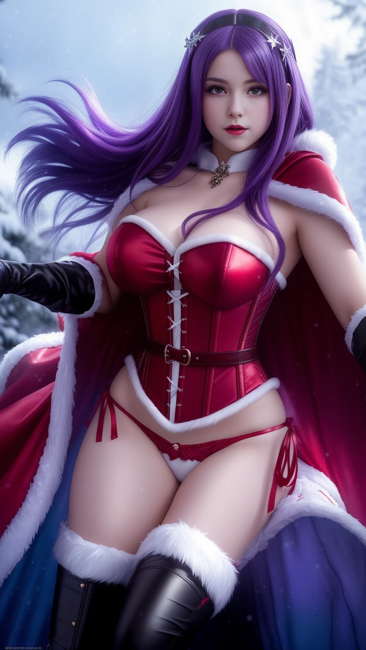 a gorgeous 10 year-old girl, straight purple hair, red corset with white fur, red cape with white fur, christmas, extremely detailed, 4k, perfect face