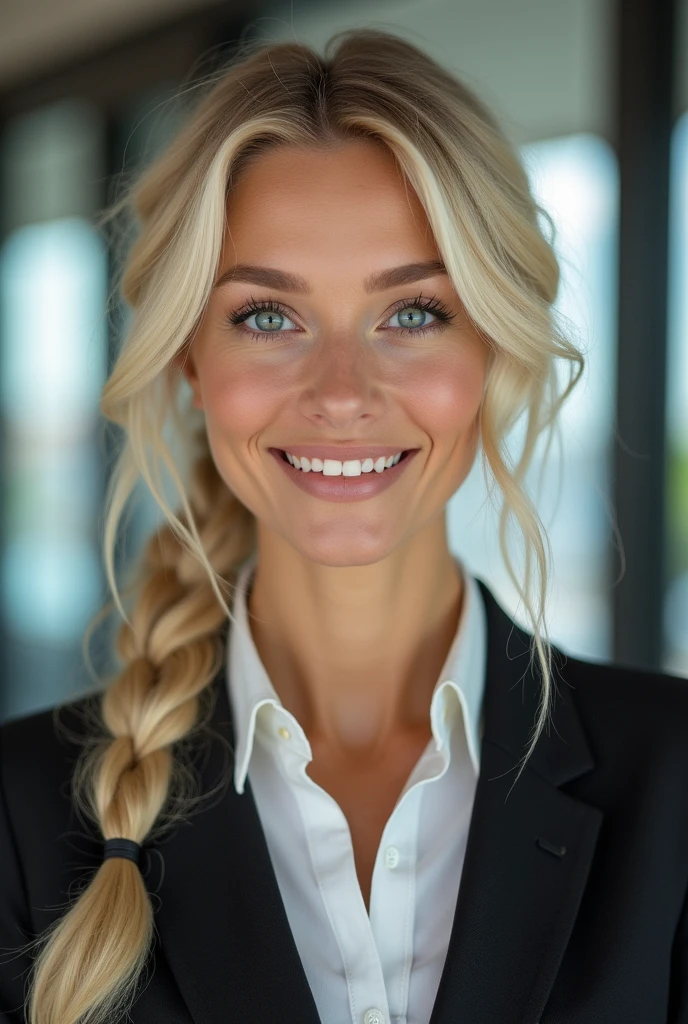 25 year old blonde, very classy, dressed to go to the office, blue green eyes, flirte avec la camera, blond hair, White hair, french braid, Make up, smile, 135mm, Canon, f/16, UHD, anatomically correct, head of'artwork, textured skin, Great detail, High details, high quality, prime, Best quality, high resolution, 8k