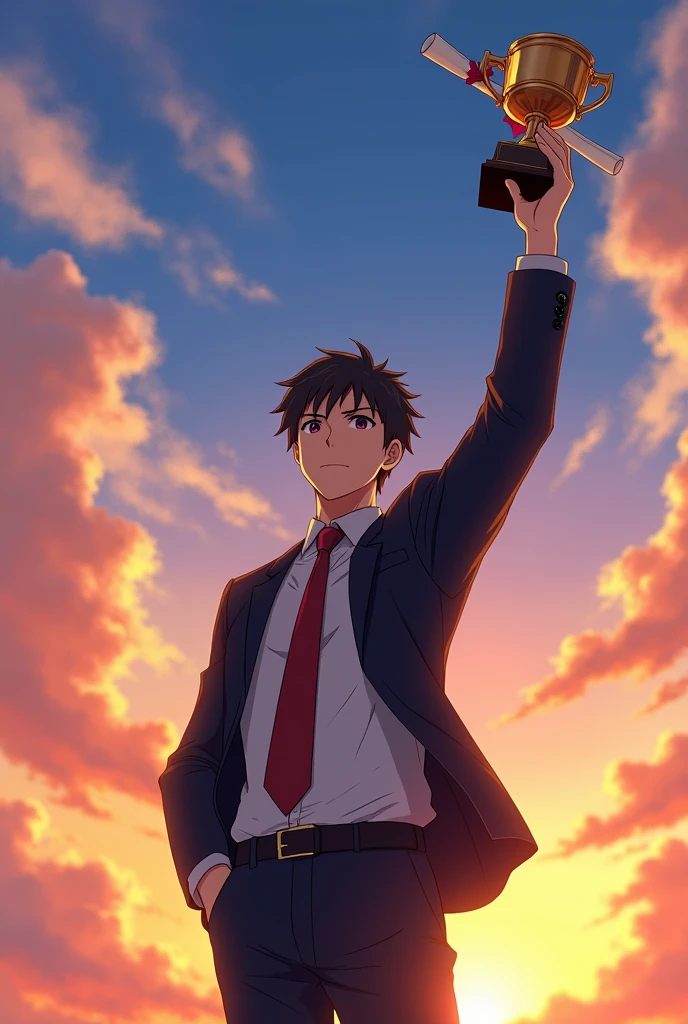 A successful anime man looking at the sunset while raising his hand holding a diploma and a trophie