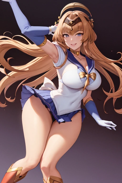 masterpiece, high definition, best quality, rendered art, well formed hands, fingers and body, 1 woman, solo, Candace , 31 years old, adult, grown up, wearing Sailor Moon's outfit, big breasted, cleavage, full body, sexy sailor senshi uniform, short blue skirt, red boots, gorgeous hips, legs and thighs, blond, white elbow gloves, sailor collar, tiara, earrings, dancing seductively and erotically, shaking her body, showing her back and front, wind lifting skirt, smiling joyfully and brightly, looking at the viewer, flirting, beach environment 