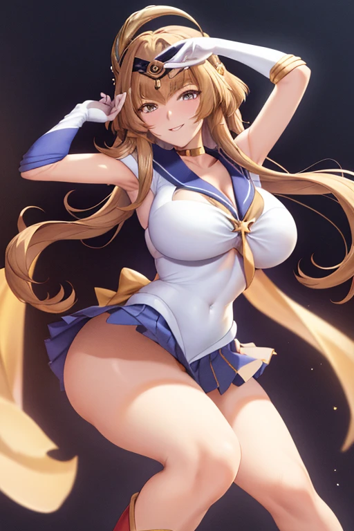 masterpiece, high definition, best quality, rendered art, well formed hands, fingers and body, 1 woman, solo, Candace , 31 years old, adult, grown up, wearing Sailor Moon's outfit, big breasted, cleavage, full body, sexy sailor senshi uniform, short blue skirt, red boots, gorgeous hips, legs and thighs, blond, white elbow gloves, sailor collar, tiara, earrings, dancing seductively and erotically, shaking her body, showing her back and front, wind lifting skirt, smiling joyfully and brightly, looking at the viewer, flirting, beach environment 