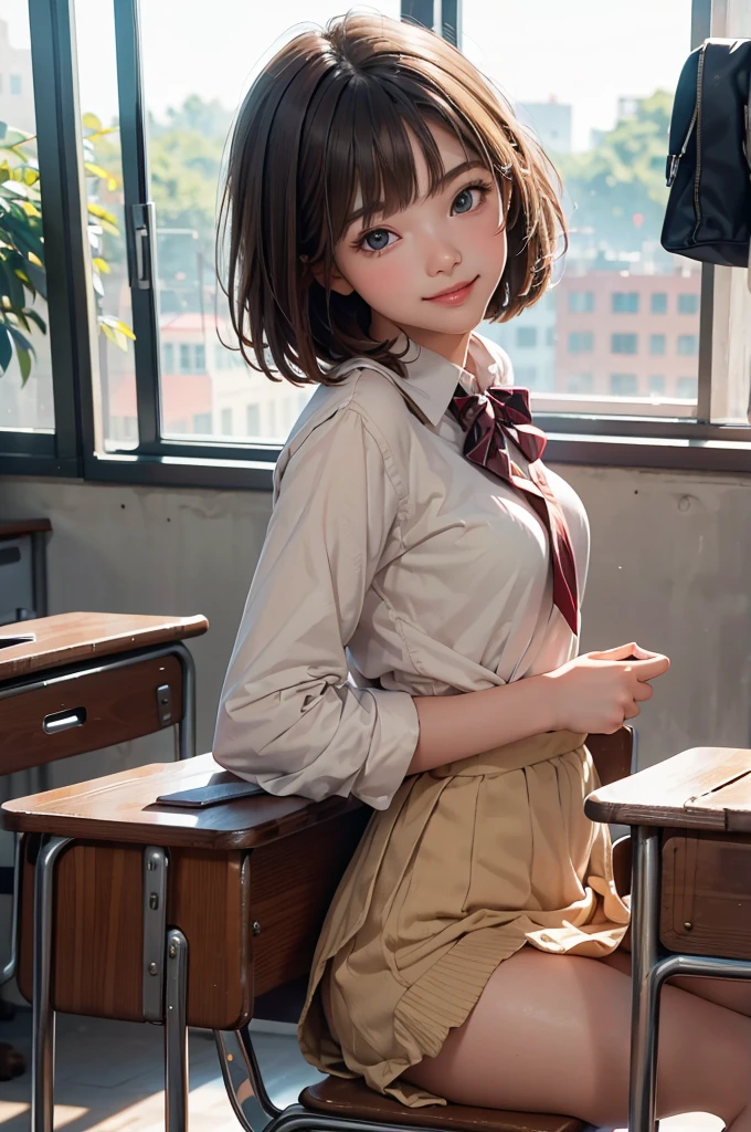 masterpiece, Highest quality, Movie stills, One Girl, high school girl, uniform, , Bobcut, bright, Happy, fun, Soft lighting, classroom