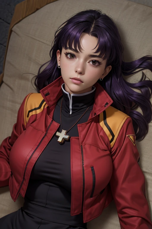 (ultra realistic,32k, masterpiece:1.2),(high detailed skin:1.1),( 8k uhd, dslr, high quality:1.1),
 misato, black eyes, parted bangs,black-Purple hair,  long hair, earrings, cross necklace, red jacket, long sleeves, black dress, , (huge breast:1.1), 
(looking at viewer, lying, from above:1.1),,(upper body:1.1), 
,(glowwave:1.1),blank background