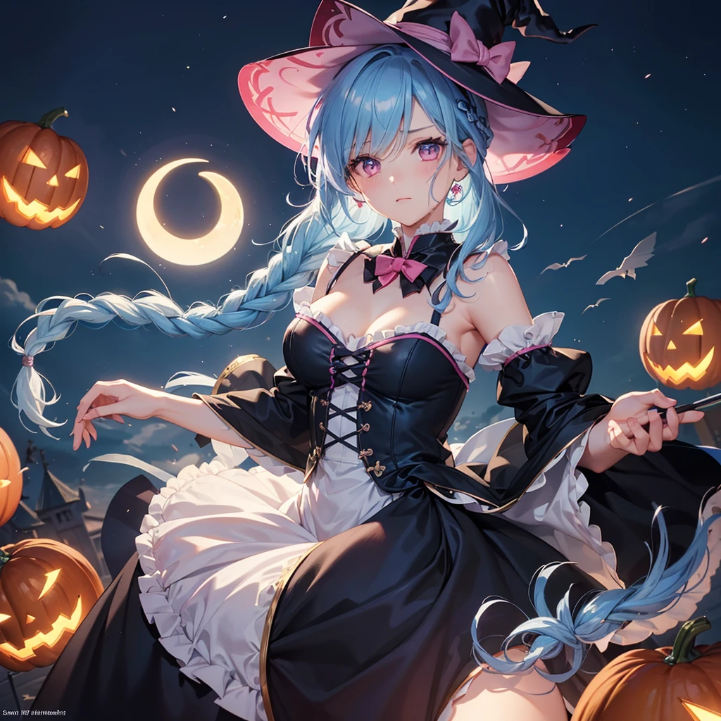 (Sky Blue Hair),(Braided medium hair:1.2), (Pink Eyes),Fair skin) ,(whole body),(One Girl),(Crescent Moon),(There are many pumpkin ghosts in the background),(If you don't give me sweets, I'll be mischievous.),Halloween Night Party),(masterpiece, Highest quality, Very detailed, Best Shadow), (Detailed Background), (Beautifully detailed face), High Contrast, (Best lighting, Very delicate and beautiful), ((Cinematic Light)), Hyper Detail,8k, Dramatic Light, Intricate details,Witch&#39;s Clothes,Magic broom,night,Bats flying in the background,