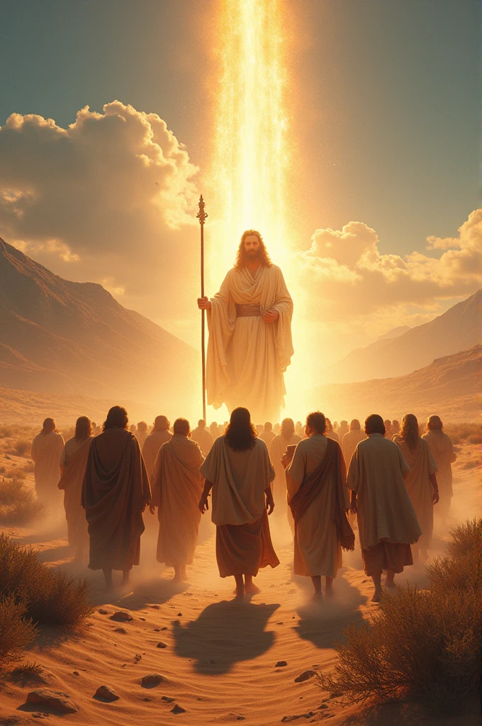 Create an image of God and Moses and Aaron leading the Hebrew people through the desert to the promised land 