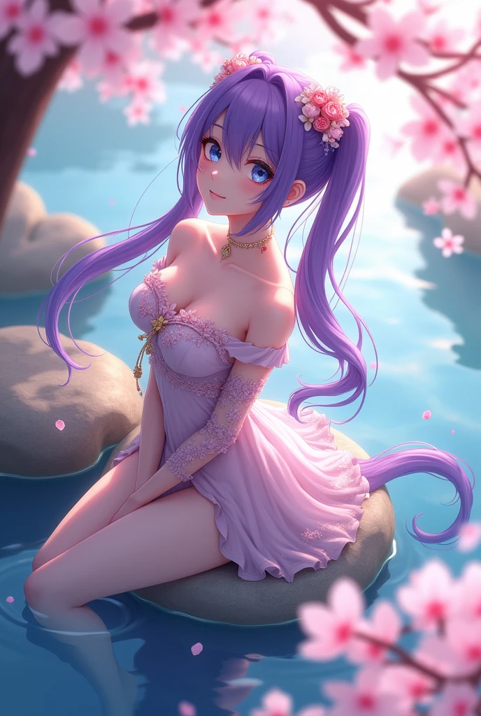 (masterpiece:1.2),Highest quality,High resolution,Extremely detailed CG,perfect Lighting,8k wallpaper,shape,sunLight,Ray Tracing,
rock,cherry blossoms,cherry blossoms,Hair Bun,Expose your shoulders,Off the shoulder,(Floral Dress:1.2),
stingy_(Genshin Impact_Impact),(Twin tails:1.3),
One Girl,White skin,Glowing Skin,model,thin,Glamour,(Purple Hair:1.4),Very long hair,blue eyes, expensive,Floating Hair,whole body,hand,
,Close-up view,Lie in on the water surface,HRQN,Tui,aerial photograph,Light_blush,(Lie in:1.2),鳥瞰shape,
