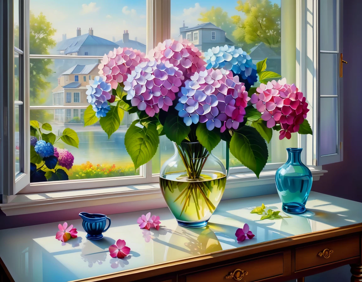 There is a vase of flowers and water on the table, Realistic flower oil painting, Colorful flowers, The background is outside the window,The entire window can be clearly seen,The background should be more obvious, Hydrangeas, Colorful flowers, Colorful surrealism