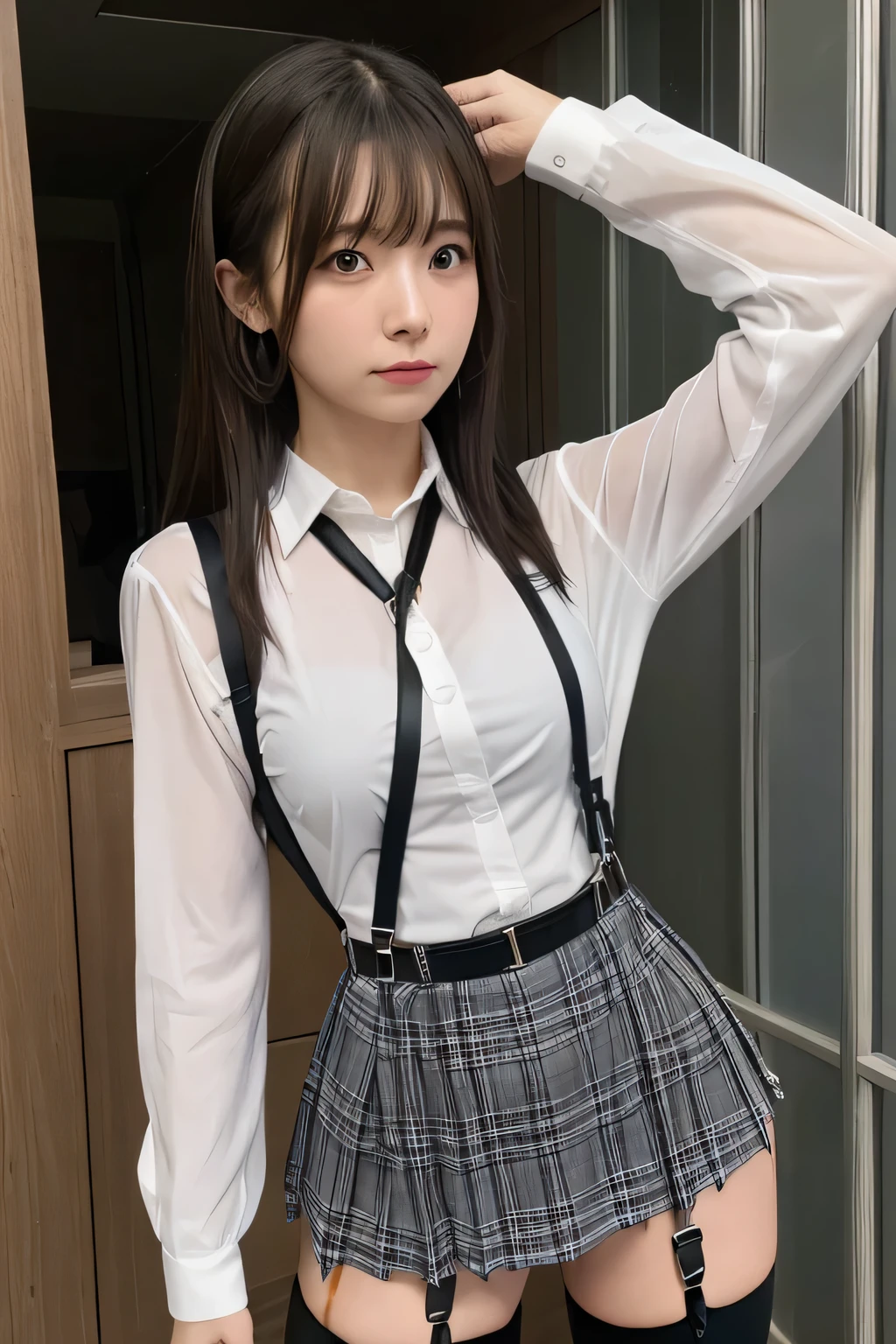1 female, , high quality, masterpiece, Ultra-high resolution, Cinema Lighting, 1 female, , high quality, masterpiece, Ultra-high resolution, , Cinema Lighting, suspenders Moderate breasts Small face Looking up Sweat Thin belt buzzer 脇Sweat garter belt Belt on pants holster Hands behind your back Looking up Anxious face Knee-high Knee socks Knee-highソックス garter ふとももにgarter belt Checkered mini skirt Panty shot Skirt gap Armament holster holster Hands behind your back Anxious expression Anxious face, legs apart Armament Leg Holster holster See-through clothing heavy rain Rain-soaked dress shirt,Moderate breasts ガーターbelt suspenders Garter on the thigh Checkered mini skirt Looking up Pause belt Armpit sweat Hands behind back Raise your hands
