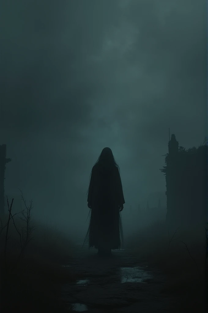 It conveys sad loneliness and hatred in an image with a person without personality in the distance and a dark environment.