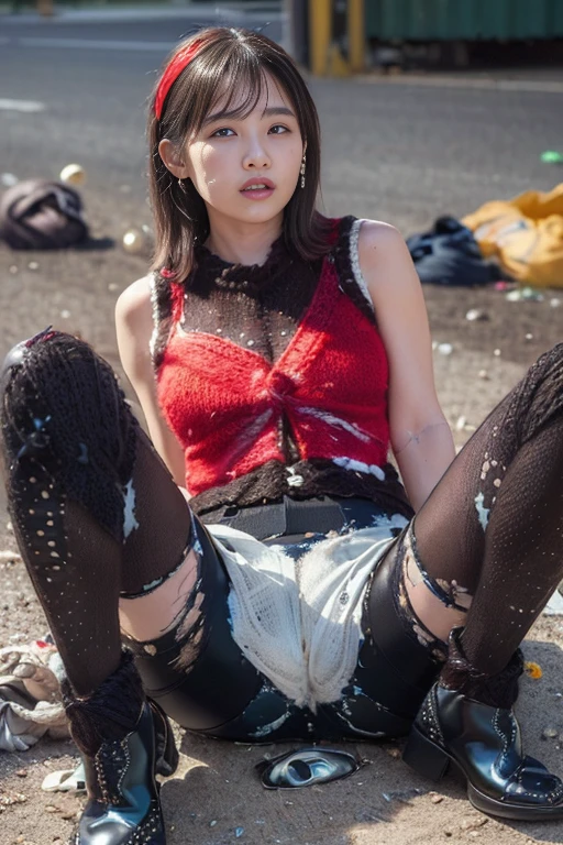 (8k, RAWphotograph, Highest quality, masterpiece:1.2), (Realistic, photo-Realistic:1.4), Very detailed, photograph,((Highest quality)), ((masterpiece)), (Genuine), Full Body Shot,(((Japanese man abandoned on a pile of garbage:1.2,beautiful,26 years old,The swelling of the breasts is clearly visible even through clothes))),Very Short Hair,(((Red sleeveless knit:1.4))),(((Black enamel tight skirt:1.4))),((Dark brown pantyhose:1.7)),((White patent leather boots)),Clothed sex,Climax state,close your eyes,(((A lot of semen stains all over the body:1.6))),(((Raise both knees,Spread your legs wide to show your crotch:1.3))),(Semen stains on pants:1.5),((Stockings with holes:1.2)),((Clothes are heavily soiled with semen:1.8)),(((A tattered knit with holes:1.6))),(((Torn Skirt))),Dark Back Alley,(There is a lot of rubbish scattered on the ground:1.5)