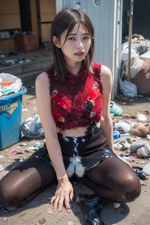 (8k, RAWphotograph, Highest quality, masterpiece:1.2), (Realistic, photo-Realistic:1.4), Very detailed, photograph,((Highest quality)), ((masterpiece)), (Genuine), Full Body Shot,(((A Japanese man lying face up on a pile of garbage:1.2,beautiful,26 years old,The swelling of the breasts is clearly visible even through clothes))),Very Short Hair,(((Red sleeveless knit:1.4))),(((Black enamel tight skirt:1.4))),((Dark brown pantyhose:1.7)),((White patent leather boots)),Clothed sex,Climax state,close your eyes,(((Semen stains all over the body:1.6))),(((Raise both knees,Spread your legs wide to show your crotch:1.3))),(Love juice overflows from panties covered with stockings:1.5),((Transmitted stockings:1.2)),((Clothes are heavily soiled with a large amount of semen:1.8)),(((A tattered knit with holes:1.6))),(((Torn Skirt))),Dark Back Alley,(There is a lot of rubbish scattered on the ground:1.5)