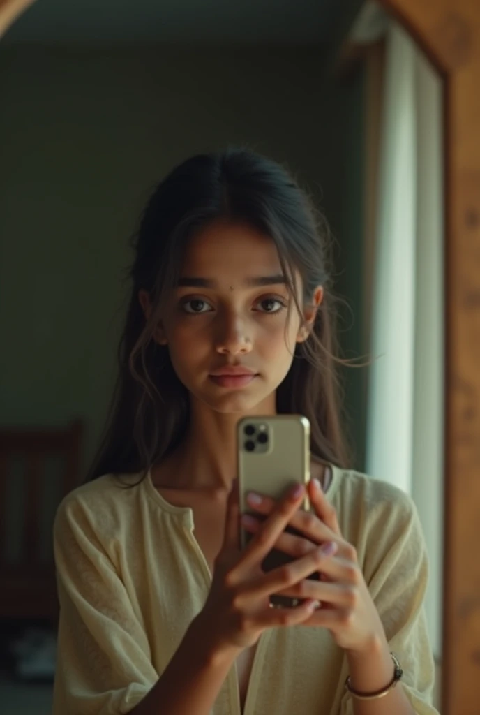 A girl who is not in this world but she takes mirror selfie with her mobile at home and she is an Indian girl she is  with mobaile mirror selfie  this is perfect but face is unique 