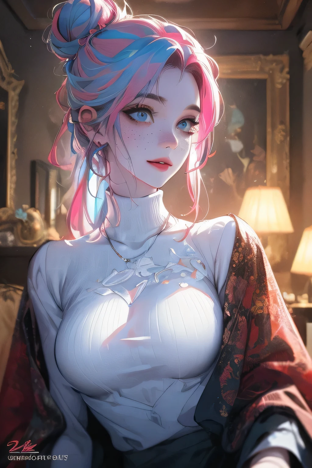 best quality, masterpiece, photographic reality, realistic, very detailed illustrations, beautiful eyes, perfect detail, best lighting, super complex details, ultra-detailed, Dynamic colors, Striking contrast, electric energy, beautiful asian woman, blue eyes, bright pink hair, messy bun hair, freckles, pale skin, smileing, big breasts, curvy body, standind in living room, professional attire, Honore Turtleneck Top, glossy legings