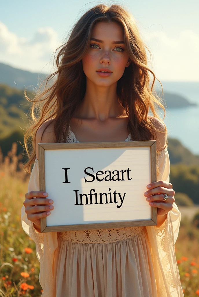 Beautiful girl with wavy long hair, bohemian dress, holding a white board with text "I Love Seaart Infinity" and showing it to the viewer