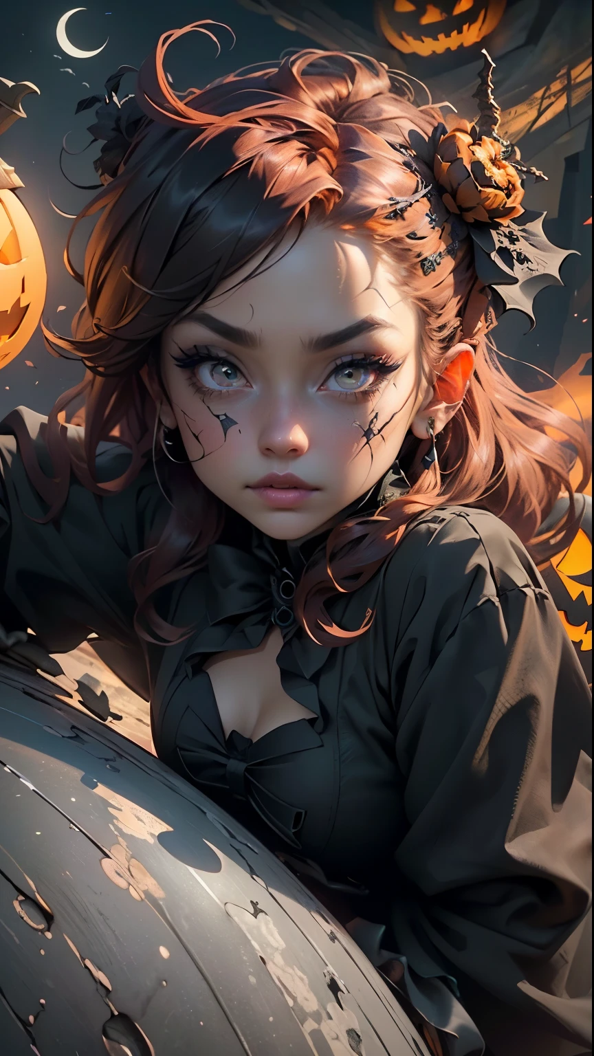 (Extreme detail CG Unity 8K wallpaper),(​masterpiece), (best quality), (Ultra-detail), (beste Illustration),(Best Shadows), (Sharp Eyeliner, eyeshadows, detailled eyes:1.1), (Halloween, night sky, Jack-o'-lantern, :1.1), ,romper, (vectorHalloween:1.2), ,