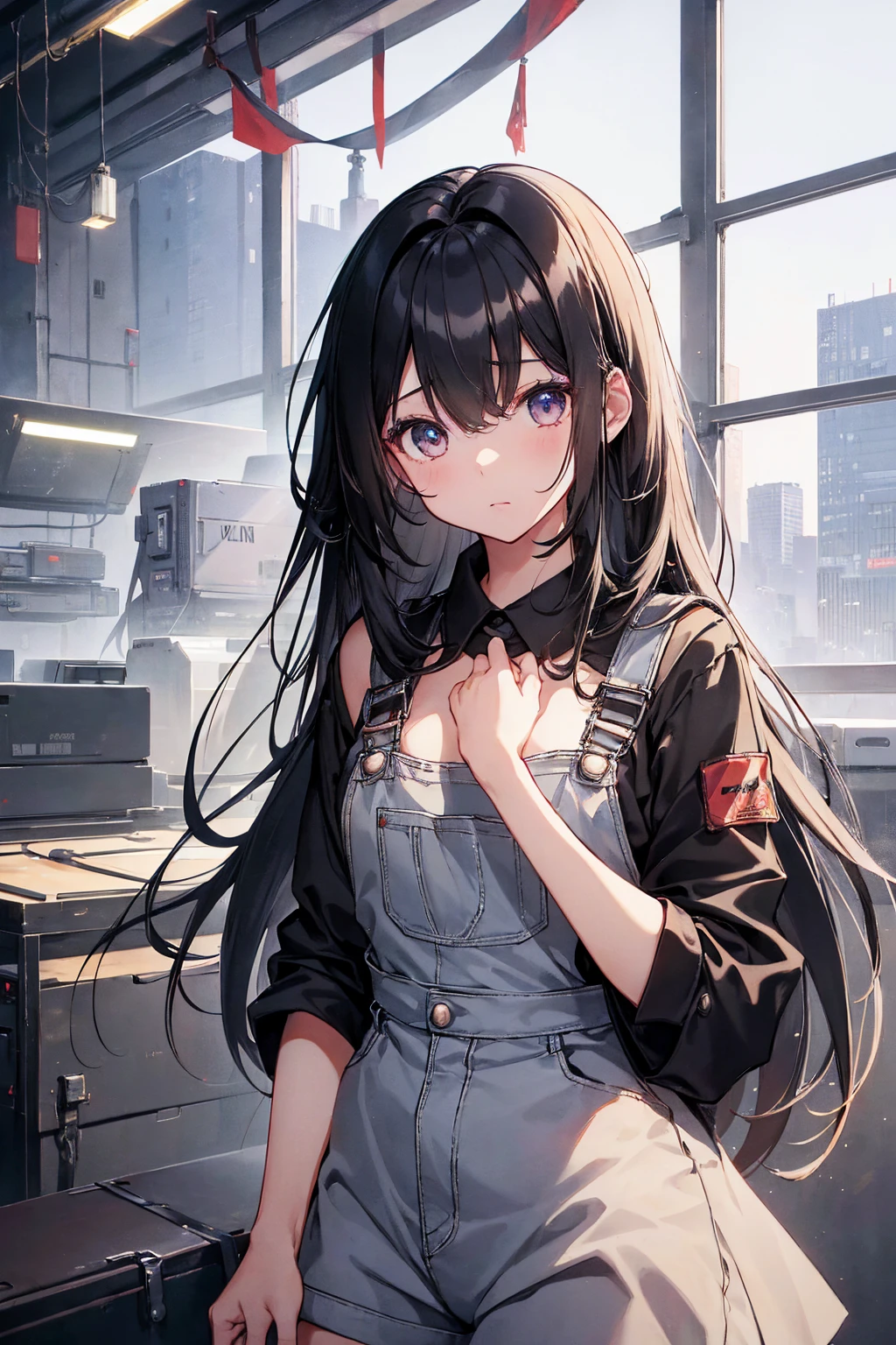 A girl with long black hair wearing overalls,Small breasts,Flat chest,((Highest quality)), (Very detailed), (High-definition CG synthesis 8k wallpaper), 高いly detailed, 高い-definition raw colbor photos, Professional photography, Written boundary depth,