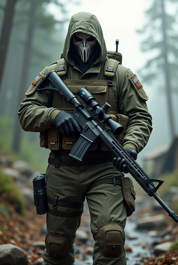 Muscular army man,holding his sniper gun,camping ,ghost mask on his face,with the name Mr-BDK