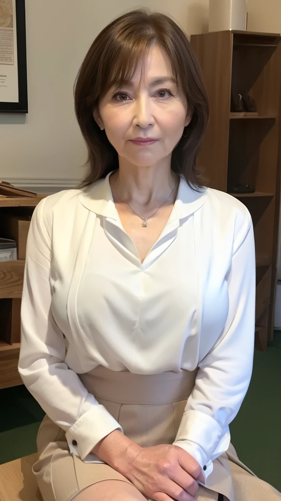 High resolution, High resolution, Attention to detail, masterpiece,(Middle-aged figure), Anatomically correct, sharp, ((Japanese Mature)),(80 years old:1.3),(Facial wrinkles), Shapely breasts,Fair skin, Light Brown Hair,(Long Hair), bangs,(((Stand upright, facing the center.))),Look at the photographer, Open your mouth and stare straight ahead,(White blouse:1.4),(Tight Skirt:1.3),(Sitting),(Thighs:1.1),Inside the warehouse,(Serious expression),(old woman:1.3),Mature Housewife