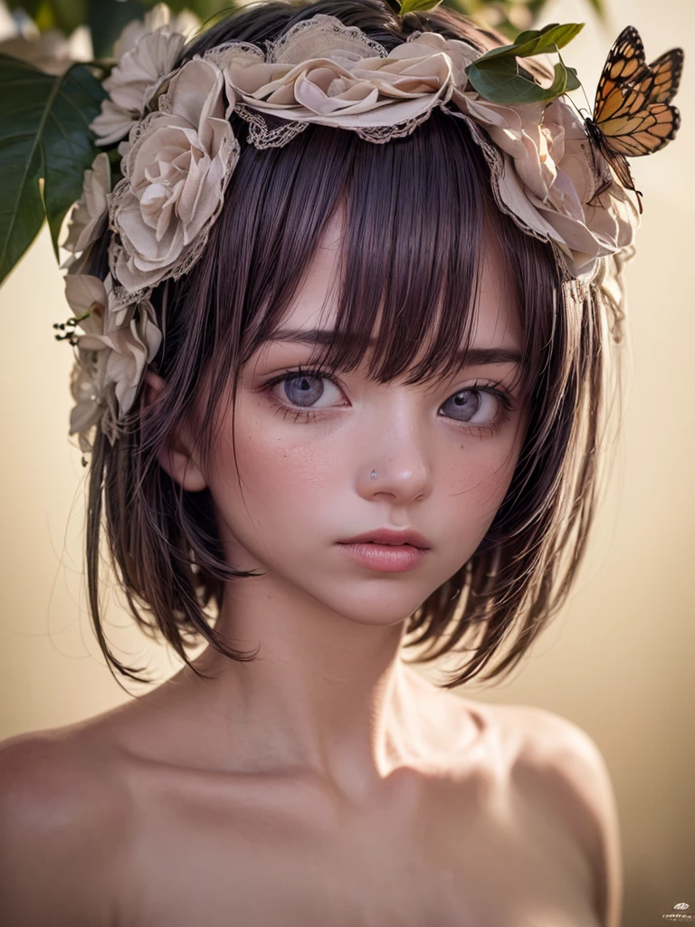 unparalleled masterpiece, ultra realistic 8k CG,masterpiece,pov,(delicate photograph,ultra_detailed,16k,raw photo:1.3),(realistic:1.9,photorealistic:1.9), beautiful detailed eyes,1girl, solo, alone,full body, tiny crown, flowers, leaf, butterfly, face focus, looking back,Silhouette,