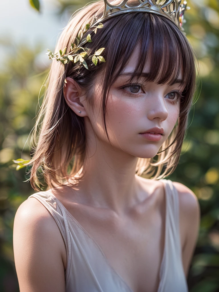 unparalleled masterpiece, ultra realistic 8k CG,masterpiece,pov,(delicate photograph,ultra_detailed,16k,raw photo:1.3),(realistic:1.9,photorealistic:1.9), beautiful detailed eyes,1girl, solo, alone,full body, tiny crown, flowers, leaf, butterfly, face focus, looking back,Silhouette,