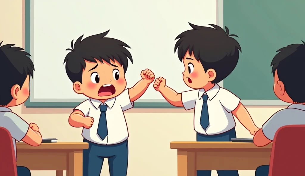 /image prompt: chinese student wear chinese school uniform( white shirt and blue pants,) 3 years old boy clenching fist to other classmates(fight other classmate), always angry ,confrontation, every classmates scared of him when everytime saw him, in classroom, have table, no one want to stay near him, Q-version character but draw by hands for teacher ppt emotional tension, empty space around, cartoon style, HD, 16k --ar 3:4 --v 6.0