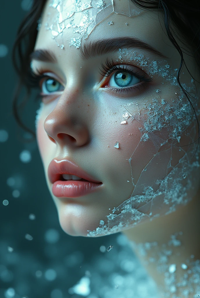 "fantasy goddess of mirrors", reflective, shatter, crash, broken glass, full portrait, finely drawn eyes, 8k resolution