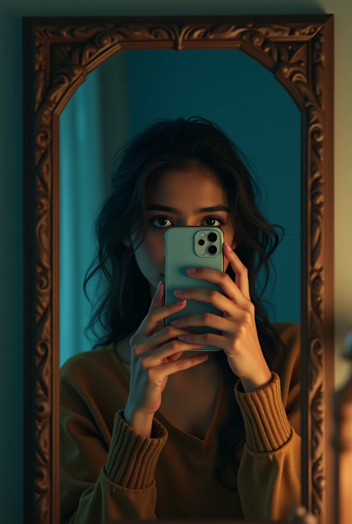 A girl who is not in this world but she takes mirror selfie with her mobile at home and she is an Indian girl she is 17 years old with mobaile mirror selfie this is perfect but face is unique normal bulk body
