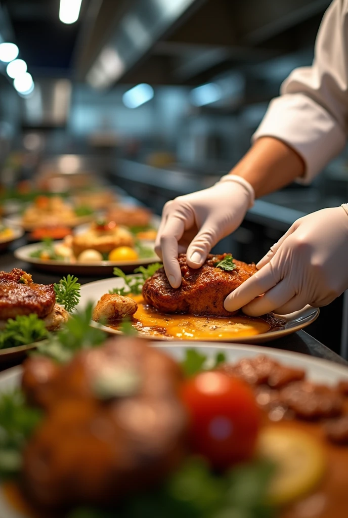 Glove hands handling cooked food in kitchen