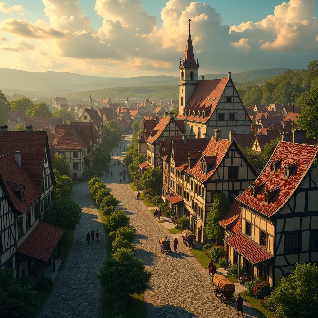 a medieval town in a bird's eye view, detailed medieval architecture, cobblestone streets, colorful rooftops, horse-drawn carriages, townsfolk going about their daily lives, lush greenery surrounding the town, beautiful fluffy clouds in the sky, warm golden hour lighting, highly detailed, cinematic composition, photorealistic, 8k, masterpiece