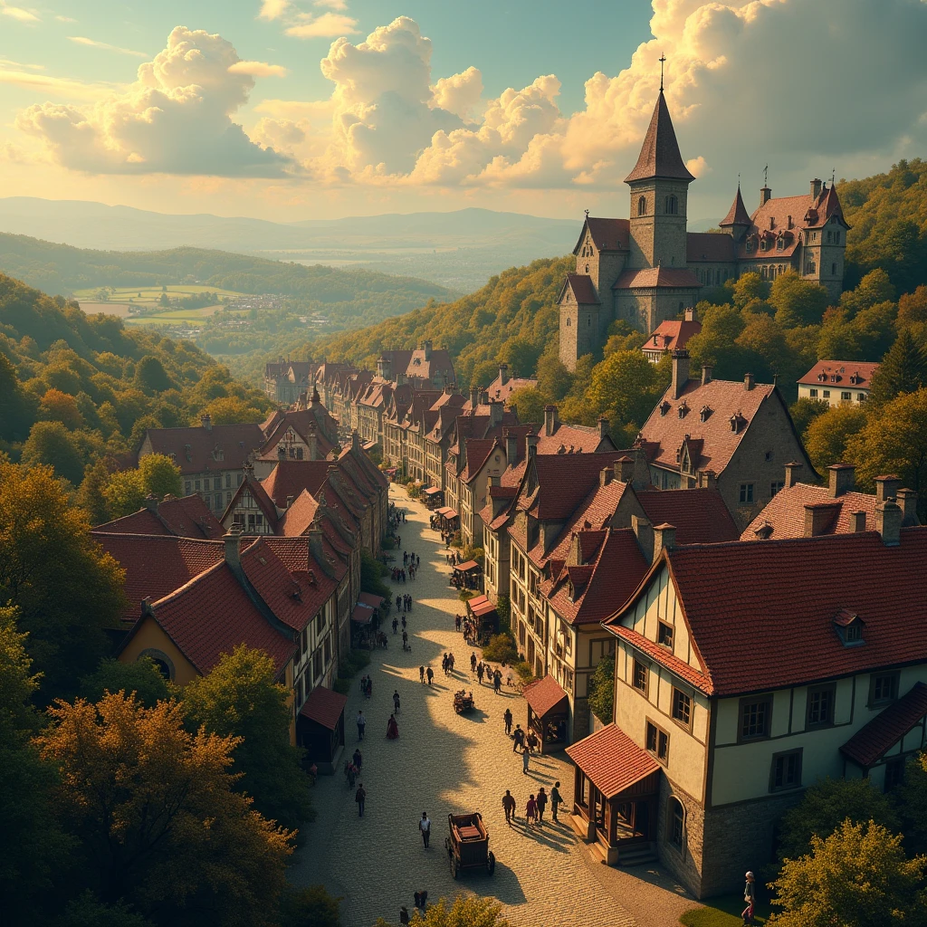 a medieval town in a bird's eye view, detailed medieval architecture, cobblestone streets, colorful rooftops, horse-drawn carriages, townsfolk going about their daily lives, lush greenery surrounding the town, beautiful fluffy clouds in the sky, warm golden hour lighting, highly detailed, cinematic composition, photorealistic, 8k, masterpiece